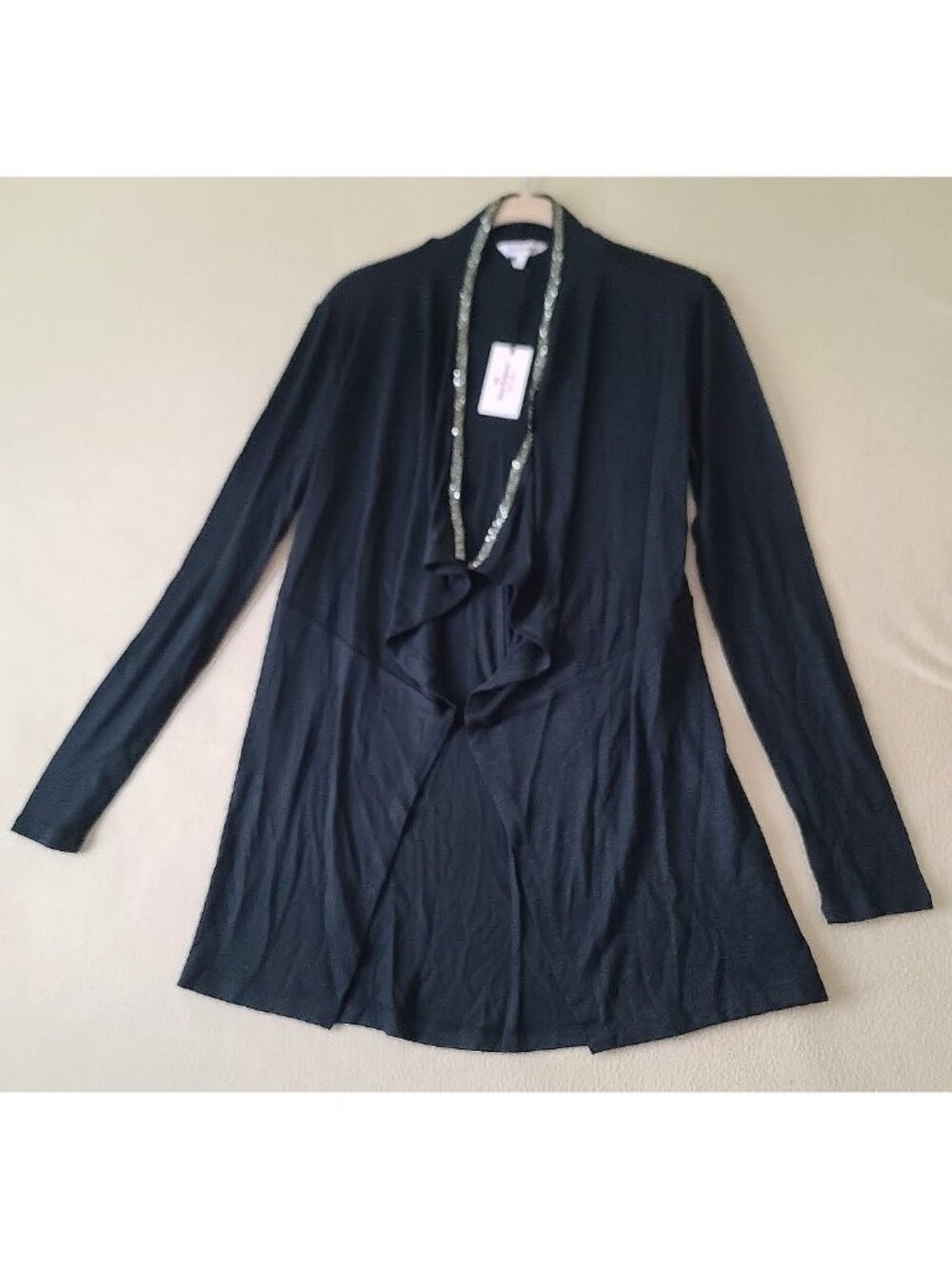 Juicy Couture Embellished Cascade LS Open Cardigan Small Black Dressy NWT